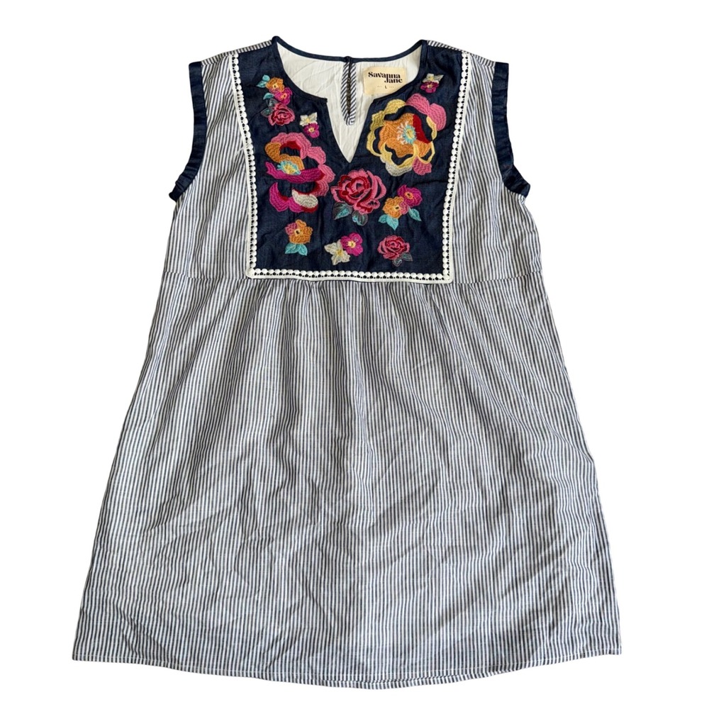 Savanna Jane Tunic Dress Women Large Blue Excellent Floral Embroidered Boho